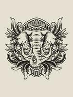 illustratie olifant hoofd met gravure ornament vector