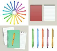 reeks van vier vector illustratie met notitieboekjes, pennen en potloden.