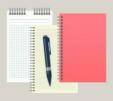 drie blocnotes en een pen. vector illustratie