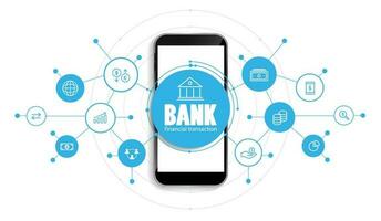 bank en financiën door mobiel telefoon concept. digitaal aansluiten systeem. financieel en bank technologie met geïntegreerde cirkels, gloeiend lijn pictogrammen en Aan blauw achtergrond. vector ontwerp.