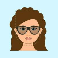 bril voor langwerpig gezicht slim meisje met gekruld haar- icoon tegen licht blauw achtergrond. vector