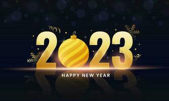 gouden 2023 aantal met snuisterij, sneeuwvlokken, krullen lint Aan donker blauw en zwart glimmend bokeh vervagen achtergrond voor gelukkig nieuw jaar concept. vector