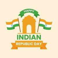 gelukkig Indisch republiek dag tekst met Indië poort silhouet en vlaggen over- perzik achtergrond voor Indië nationaal festival viering concept. vector