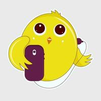 sticker stijl schattig geel vogel oortelefoon vervelend met smartphone Aan grijs achtergrond. vector