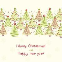 vrolijk Kerstmis en gelukkig nieuw jaar groet kaart met vlak divers Kerstmis boom versierd wit achtergrond. vector