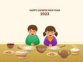 vrolijk Chinese zittend in voorkant van heerlijk maaltijden Aan de gelegenheid van gelukkig Chinese nieuw jaar 2023. vector