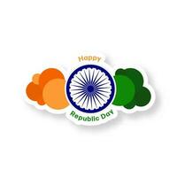 geïsoleerd gelukkig republiek dag tekst met Ashoka wiel, Indisch vlag kleur cirkel in sticker stijl. vector