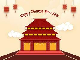 Aziatisch huis of tempel structuur met hangende lantaarns, wolken Aan pastel perzik en rood achtergrond voor gelukkig Chinese nieuw jaar concept. vector