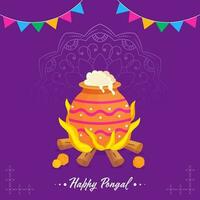 gelukkig pongal viering poster ontwerp met rijst- Koken in modder pot over- vreugdevuur en vlaggedoek vlaggen Aan Purper mandala achtergrond. vector