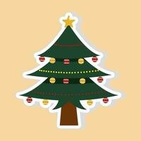 sticker stijl versierd Kerstmis boom met ster en ornamenten in vlak stijl. vector