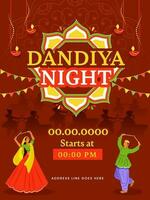dandiya nacht partij uitnodiging paar dansen Aan verbrand rood achtergrond versierd door lit olie lampen en vlaggedoek vlaggen. vector