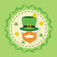 sticker stijl elf van Ierse folklore Mens gezicht met Klaver gouden munten Aan geel en groen achtergrond voor st Patrick dag concept. vector