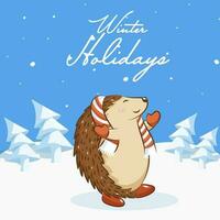 winter vakantie poster ontwerp met tekenfilm egel vervelend wollen sjaal, origami papier Kerstmis boom Aan wit en blauw sneeuw vallend achtergrond. vector