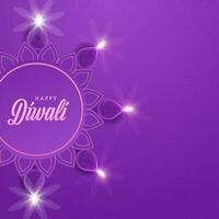 gelukkig diwali belettering over- mandala kader met top visie van verlichte olie lampen Aan Purper achtergrond. vector