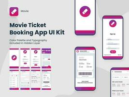 film ticket reservering app ui uitrusting inclusief account teken in, teken omhoog, reservering en onderhoud type recensie schermen voor mobiel sollicitatie. vector