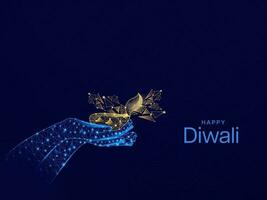 gelukkig diwali viering concept met menselijk handen Holding lit olie lamp in veelhoekige effect Aan blauw achtergrond. vector