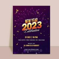 2023 nieuw jaar viering uitnodiging kaart met gouden confetti Aan Purper bokeh licht effect achtergrond. vector