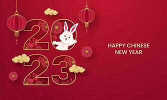 papier besnoeiing 2023 aantal met tekenfilm konijn, bloemen, wolken en origami papier lantaarns hangen Aan rood achtergrond. vector