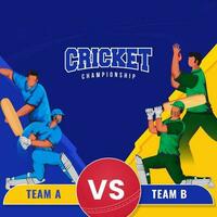 krekel bij elkaar passen tussen team een vs b van cricketspeler spelers Aan geel en blauw achtergrond voor kampioenschap concept. vector