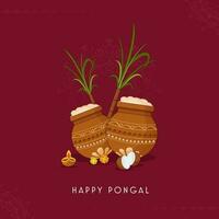 gelukkig pongal viering poster ontwerp met festival elementen Aan rood rangoli achtergrond. vector