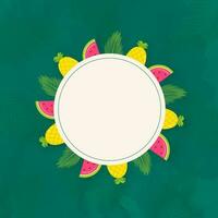 zomer tijd concept met watermeloen, ananas en Spar bladeren met een circulaire sticker met ruimte voor uw bericht. vector