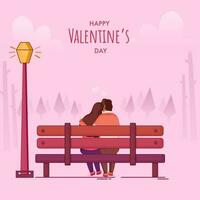 gelukkig Valentijnsdag dag poster ontwerp met achterzijde visie van jong minnaar knuffelen zitten Bij bank, straat lamp Aan roze natuur achtergrond. vector