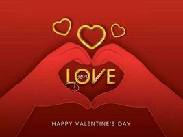 handen maken hart vorm met liefde u tekst, 3d gouden harten Aan rood achtergrond voor gelukkig Valentijnsdag dag concept. vector