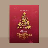 vrolijk Kerstmis groet kaart met Kerstmis boom gemaakt door gouden sterren, kerstballen, confetti Aan rood sneeuwvlokken achtergrond. vector
