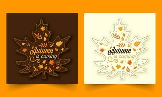 herfst is komt eraan doopvont Aan sticker stijl esdoorn- blad tegen achtergrond in bruin en wit kleur. sociaal media post of sjabloon set. vector