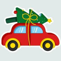 illustratie van sticker stijl auto draag- Kerstmis boom in vlak stijl. vector