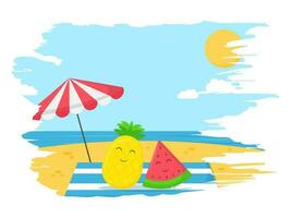 zomer, op reis concept, strand achtergrond, glimmend zon en gelukkig ananas en watermeloen onder een paraplu. vlak stijl illustratie voor zomer vakantie. vector