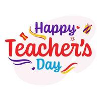 gelukkig leraar dag belettering met geschenk doos, harten, slijper Aan roze en wit achtergrond. vector