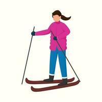 portret van gezichtsloos jong vrouw skiën Aan wit achtergrond. vector