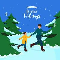 winter vakantie poster ontwerp met gezichtsloos jong Mens en zijn zoon ijs het schaatsen samen Aan blauw en cyaan sneeuwval natuur achtergrond. vector