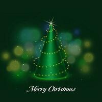 3d geven van ijshoorntje vorm Kerstmis boom versierd door verlichting slinger tegen groen bokeh vervagen achtergrond voor vrolijk Kerstmis concept. vector