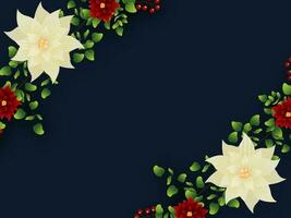 top visie van mooi kerstster bloemen met bladeren, bessen versierd blauw achtergrond en kopiëren ruimte. vector