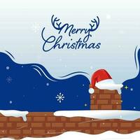 vrolijk Kerstmis doopvont met gewei en de kerstman hoed over- schoorsteen boog Aan sneeuw vallend blauw achtergrond. vector