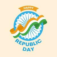 gelukkig republiek dag tekst met golvend vlag en Ashoka wiel tegen perzik achtergrond voor Indisch nationaal festival viering concept. vector