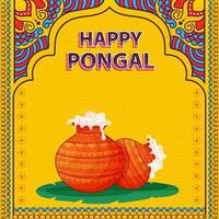 gelukkig pongal viering groet kaart met pongali rijst- in klei potten over- banaan blad Aan kleurrijk etnisch en zigzag lijn patroon achtergrond. vector