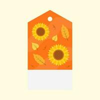 zon bloemen met bladeren versieren oranje label of etiket Aan kosmisch latte achtergrond. vector