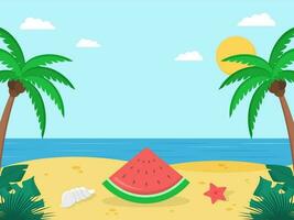 zomer, op reis concept, strand achtergrond, glimmend zon, palm bomen en watermeloen. vlak stijl illustratie voor zomer vakantie. vector