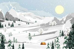 winter Woud landschap met gedekt Aan vorst bomen in de sneeuwbanken met mooi hemel.vector tekenfilm horizon naald- Woud met sneeuw vallen, achtergrond banier voor kerst, nieuw jaar 2024 kaart vector