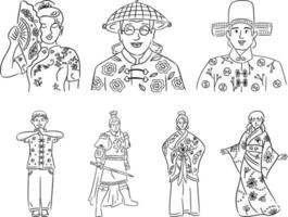 illustratie van een reeks van mensen, Koreaans mensen in traditioneel kleren. reeks van vector schets illustraties. lijn kunst vector