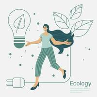 vrouw wandelen Aan lijn blad, groen stad met ecologie natuur behoud, milieu bescherming. vector ontwerp illustratie.