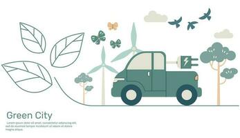 elektrisch oppakken vrachtauto Aan lijn blad, groen stad met ecologie aarde natuur behoud. vector ontwerp illustratie.