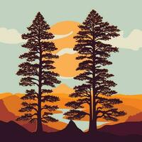 een landschap met twee pijnboom bomen en een berg in de achtergrond. vector