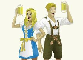 Beiers Duitse paar vervelend traditioneel kleding en houden de bieren vector