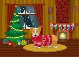 tekenfilm corgi hond genieten van de Kerstmis in de huiskamer vector