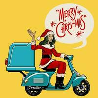 Dames in de kerstman claus kostuum rijden oud scooter leveren de goederen vector