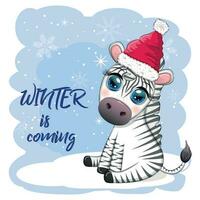 groet kaart met schattig zebra in de kerstman hoed met Kerstmis bal, snoep kane, geschenk. dieren in het wild vakantie tekenfilm karakter. vector